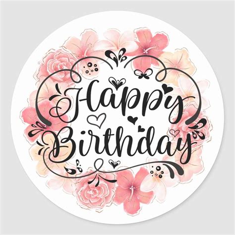 A Round Sticker With The Words Happy Birthday Written In Black And Pink