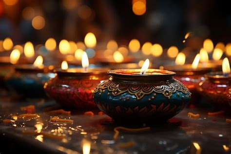 Premium Photo | Diwali lit diyas with burning candles on ...