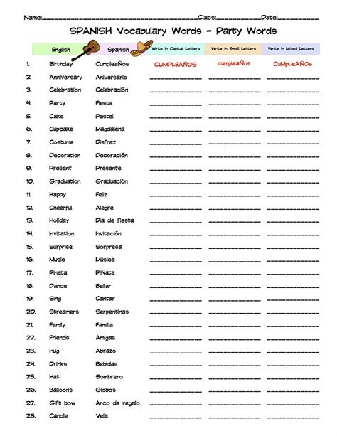 Spanish Party Vocabulary Word List Column Worksheet Made By Teachers