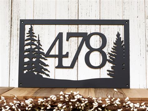 Rustic Metal House Number Sign With Pine Trees Address Plaque Cabin ...