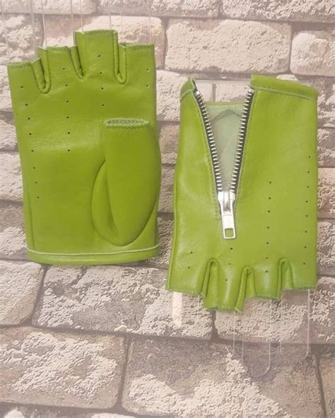 Women S Green Fingerless Genuine Leather Gloves Etsy