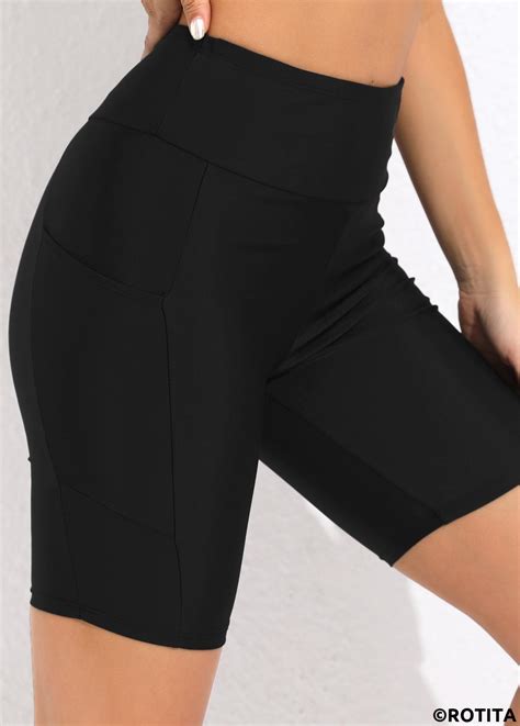 Rotita Black High Waisted Pocket Swim Shorts Rotita Usd