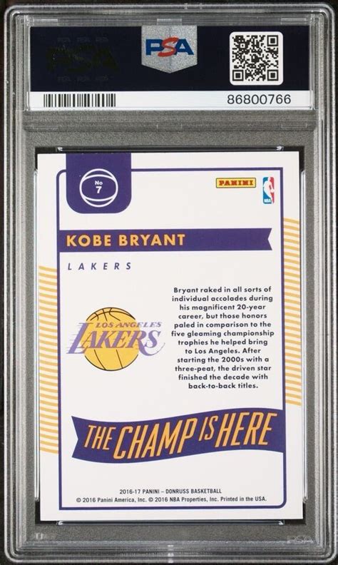 2016 17 Panini Donruss The Champ Is Here Kobe Bryant 7 PSA 9 MINT HOF