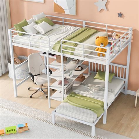 Full Over Twin Metal Bunk Bed With Built In Desk Shelves And Ladder Bed Bath And Beyond 37846473