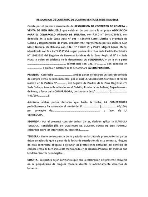 Resolucion De Contrato De Compra Venta De Bien Inmueble Pdf Derecho