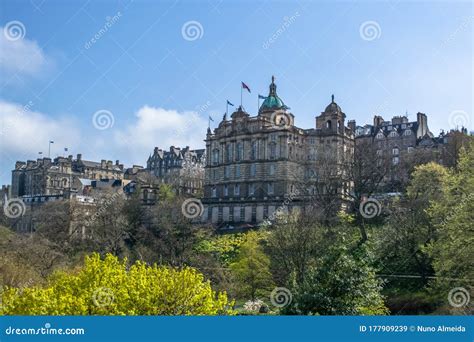 View Of Edinburgh City Center Downtown With Historic Buildings And