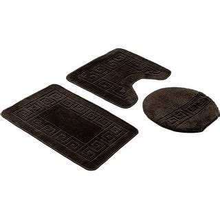 Bath Set 3 Piece Anti-Slip Brown Patchwork Bathroom Mat Large Contour Mat & Toilet Seat Lid ...