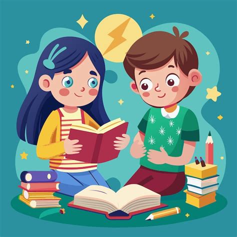 Una Imagen De Dos Niños Leyendo Un Libro Con Una Estrella En El Fondo Vector Premium