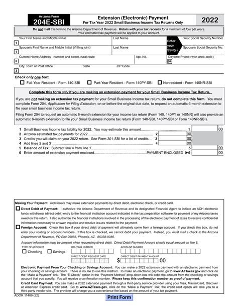 Arizona Form 204E SBI ADOR11409 2022 Fill Out Sign Online And