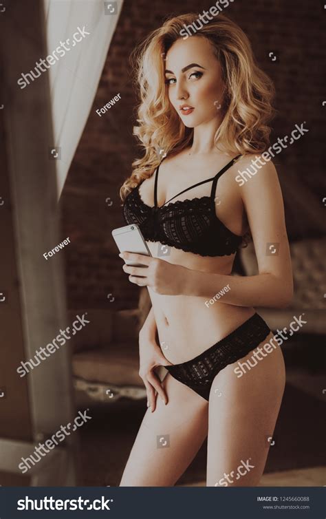 Sexy Beautiful Blonde Woman Blackunderclothes Stock Photo 1245660088 Shutterstock