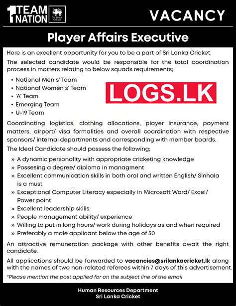 Player Affairs Executive Sri Lanka Cricket Vacancies 2023