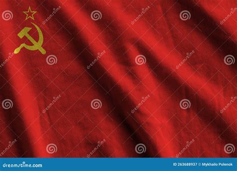 Soviet Union Flag With Big Folds Waving Close Up Under The Studio Light