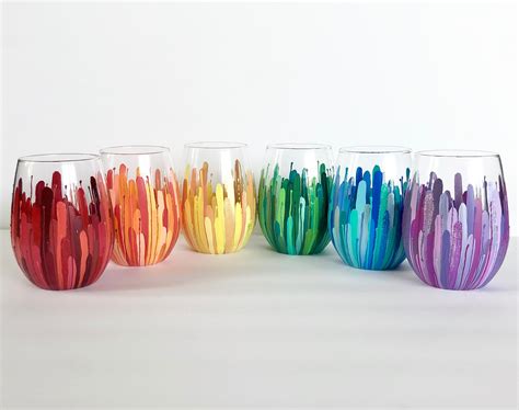 Rainbow Collection Color Burst Wineglass Set Of Hand Painted Oz