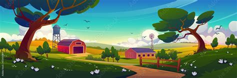 Summer Countryside With Farm Barn Windmill Water Tower And