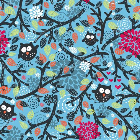 Seamless Pattern With Owls And Floral Elements On Blue — Stock Vector