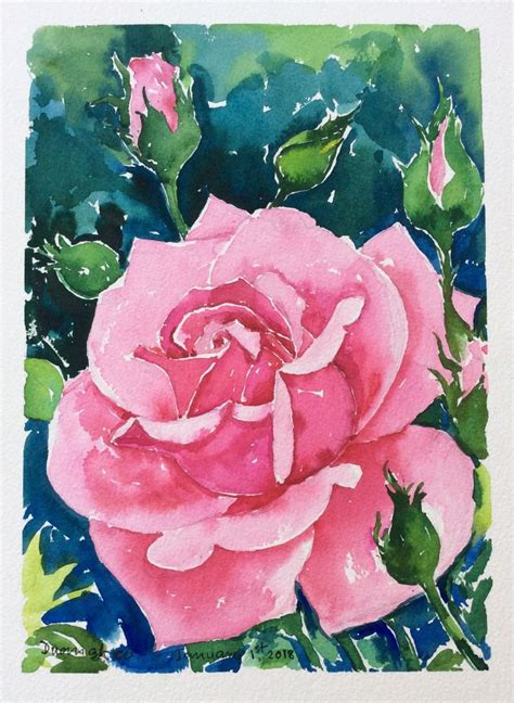 A Watercolor Painting Of A Pink Rose With Green Leaves On The Bottom