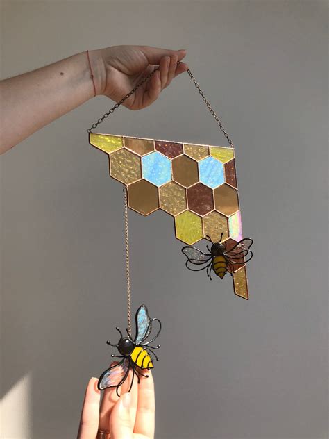 Yellow Corner Honeycomb Bee Suncatcher Stained Glass Home House Decor Window Wall Decoration