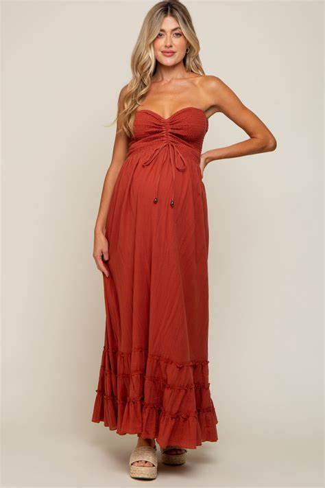 Rust Smocked Cutout Back Maternity Maxi Dress Pinkblush