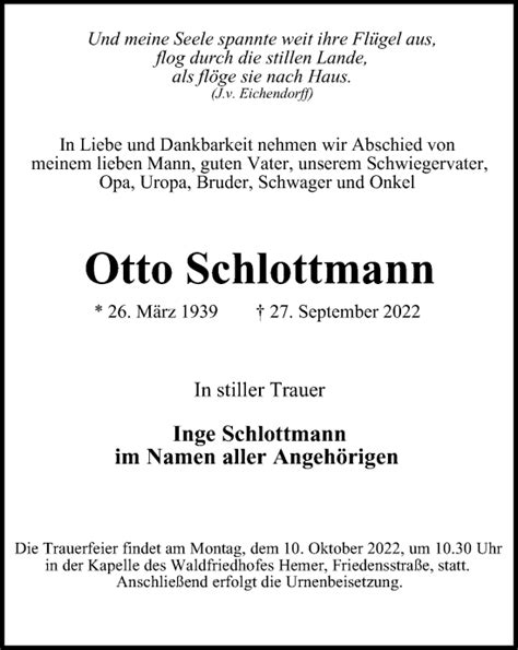 Traueranzeigen Von Otto Schlottmann Trauer In Nrw De