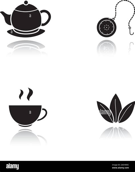 Tea Drop Shadow Black Icons Set Steaming Cup Teapot On Plate Loose