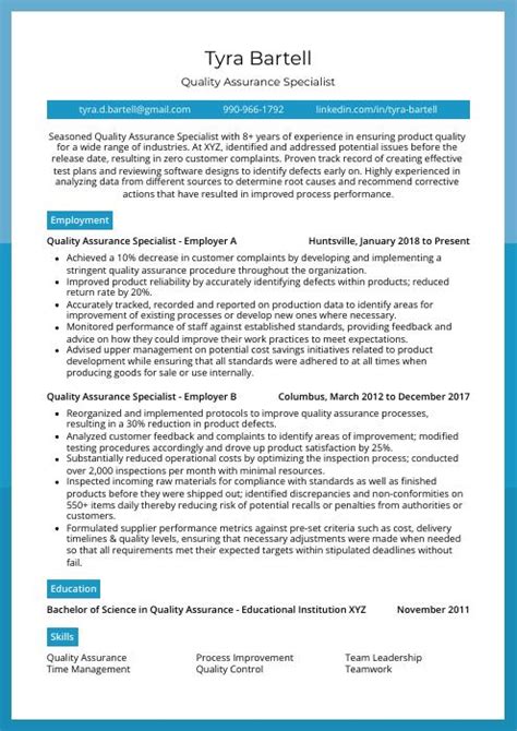 Quality Assurance Specialist Resume Cv Example And Writing Guide