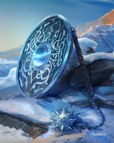 Fantasy Weapon art | Kraken Shield and flail | Anebarone illustration