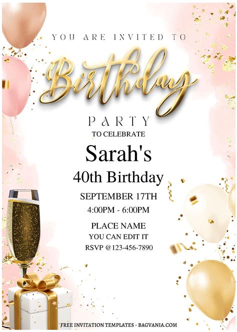 Free Editable Pdf Glitter Bubbly 40th Birthday Invitation Templates