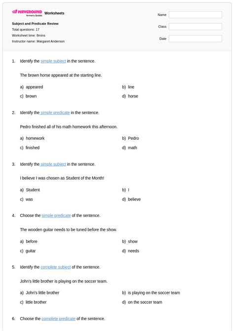 subject  predicate worksheets  class   wayground