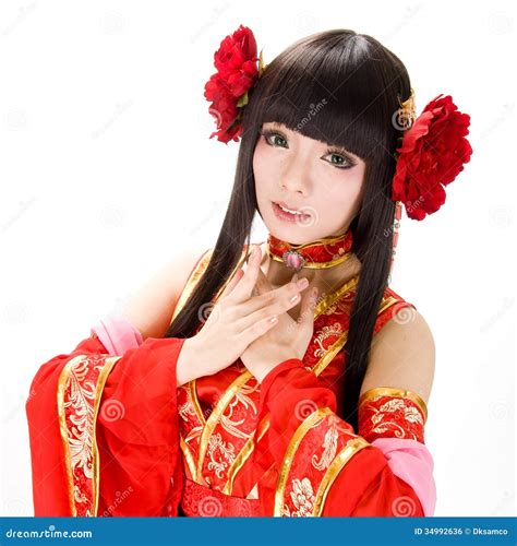 Asia Chinese Style Girl In Red Traditional Dress Dancer Stock Photo