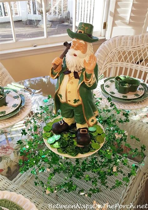 St Patricks Day Table With 4 Leaf Clover And Shamrock Dishes St