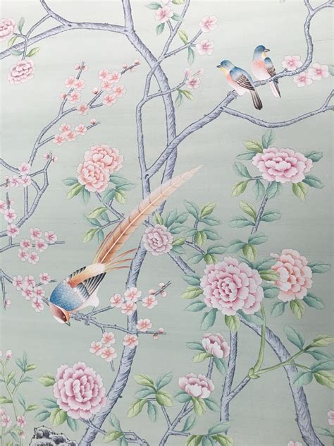 Chinoiserie Handpainted Wallpaper On Celedon Green Silk One Etsy