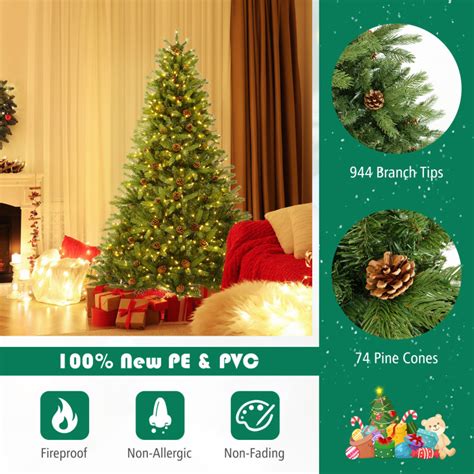 6/7 FT Artificial Christmas Tree with Pine Cones and Adjustable Brightness - Costway