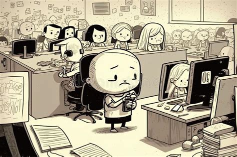 Busy Office, with Cute Cartoon Character Getting Work Done in Pencil ...