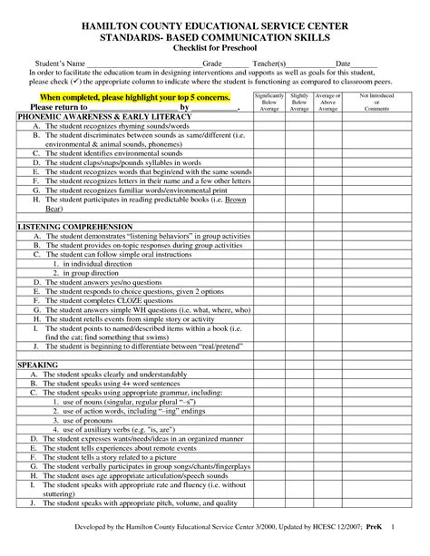 Developmental Checklist For Kindergarten Developmental Checklist Preschool Social Skills