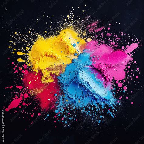 Colorful CMYK Cyan Magenta Yellow Key Holi Paint Color On Black