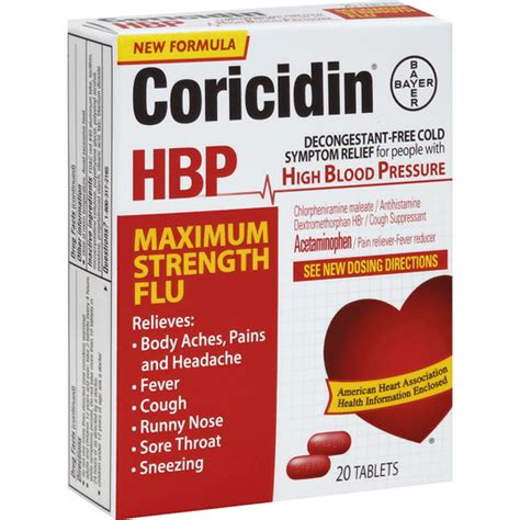 Coricidin Hbp Cold Symptom Relief Maximum Strength Flu Decongestant Free Tablets Cough