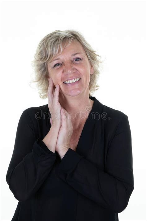 Attractive Middle Age Woman Shirt Naked Shoulders Blond Hair Closed Eyes Blue On White