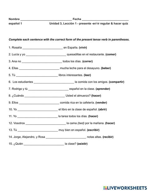 Er Ir Present Tense Regular Verbs Worksheet Live Worksheets