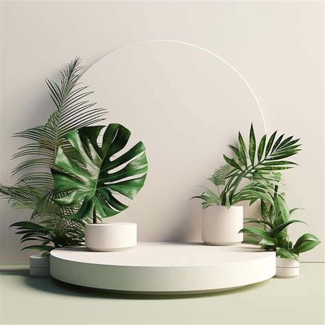 Premium Ai Image White Product Podium With Green Tropical Accents