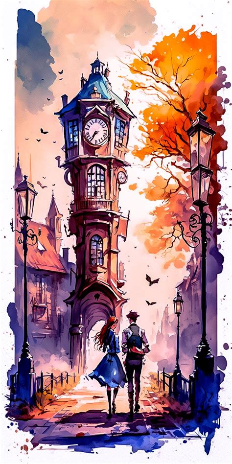 Watercolor steampunk style two lovers art romantic paintings. Beautiful ...