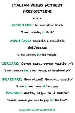 the italian verbs without prepositions are written in green and black ink on white paper