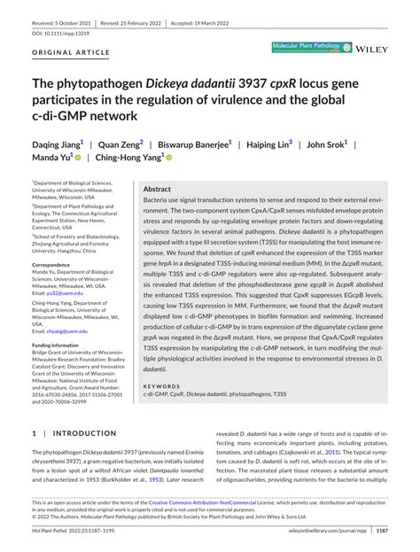 Pdf The Phytopathogen Dickeya Dadantii 3937 Cpxr Locus Gene Participates In The Regulation Of