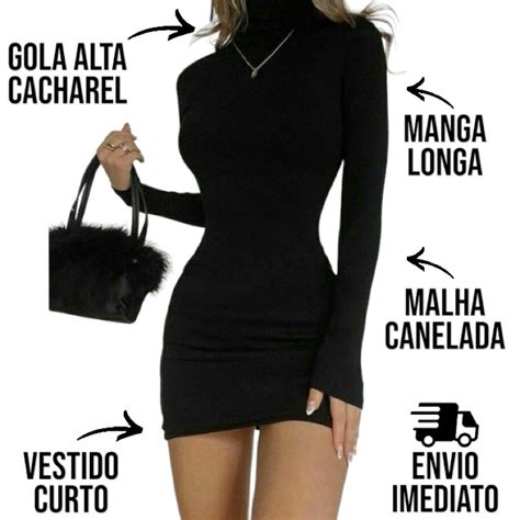 Vestido Canelado Curto Ribana Manga Longa Gola Alta Malha Canelada