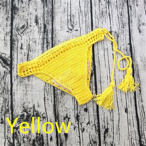 Buyisi Breathable Low Rise Drawstring Hand Crochet Swimming Sunbathing Thongs Bikini Yellow S