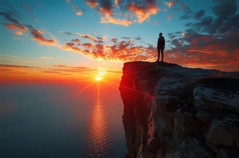 Premium Photo | A person standing on a cliff overlooking the ocean at sunset or sunrise time ...