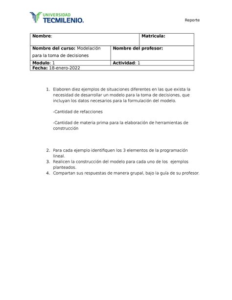 Actividad 1 Modelación de negocios Reporte Nombre Matricula