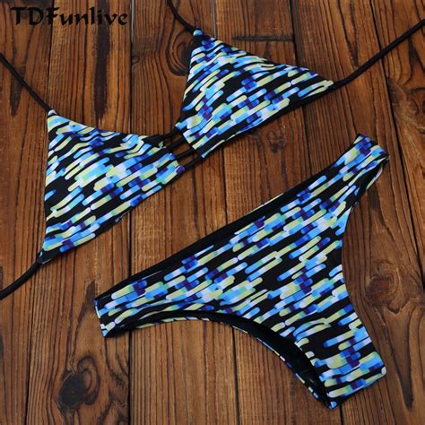 TDFunlive Sexy Blue Bikini Women Bandeau Bikini Reversible Print