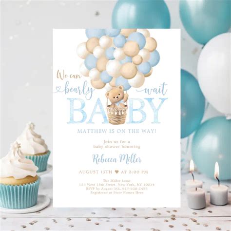 Blue Teddy Bear Hot Air Balloon Baby Shower Invitation Zazzle