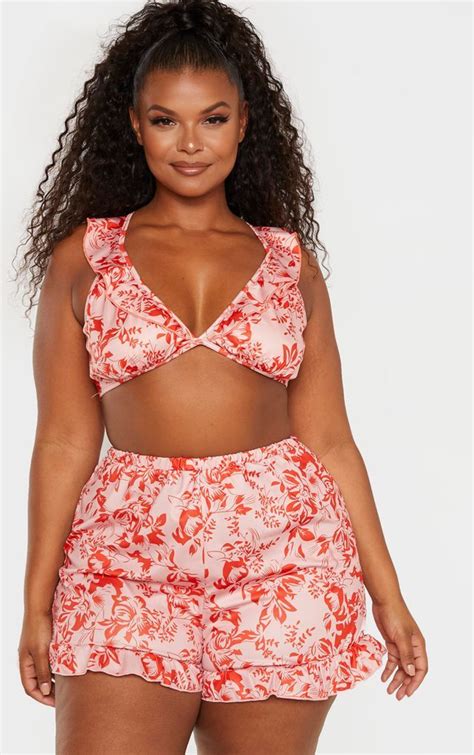 Plus Pink Floral Frill Hem Swim Short Bikini Plus Size Outfits Trendy