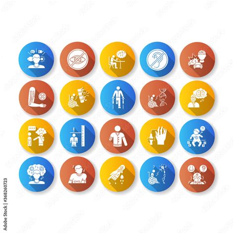 Disability Types Flat Design Long Shadow Glyph Icons Set Blindness And